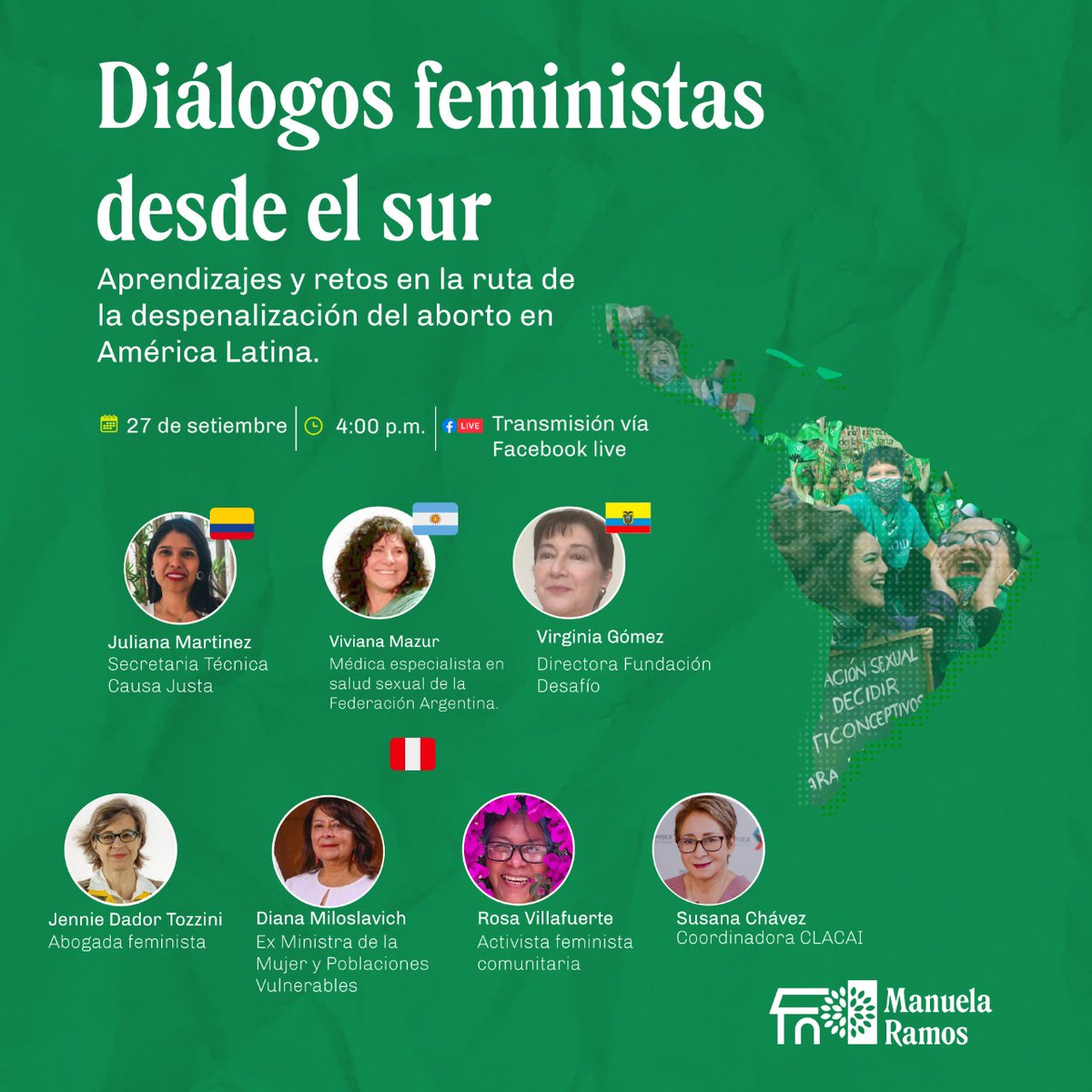ManuelaRamos's tweet photo. #28S En el marco de las acciones por el Día de la Acción Global por el Aborto Legal les invitamos a conectarse a este diálogo sobre los aprendizajes y retos en la ruta de la despenalización del aborto en América Latina. Transmitiremos el diálogo por nuestro Facebook. #SeráLey https://t.co/40FW6FwPAn