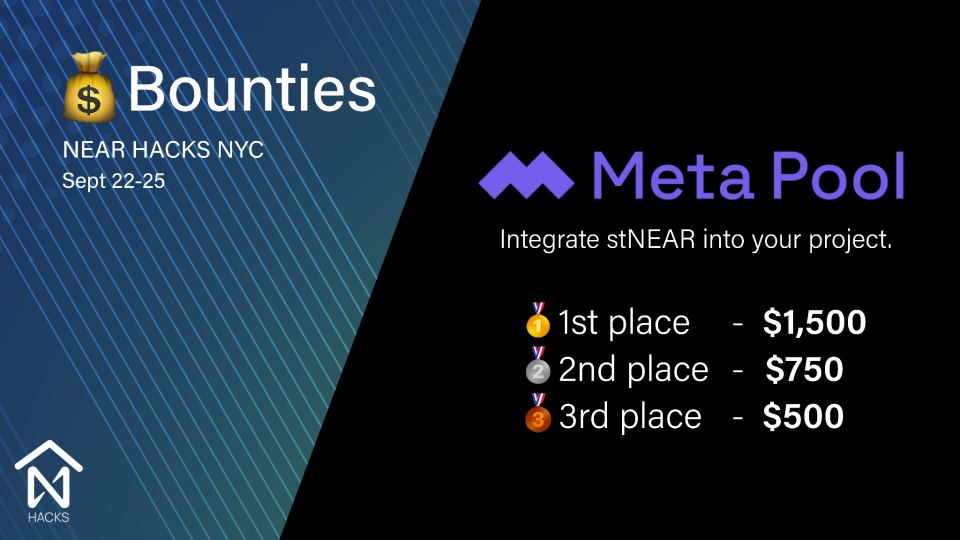 meta_pool's tweet photo. Make sure not to miss the bounties we have setup for @NEARHACKS hackaton happening right now! Looking forward to seeing what NYC builder community can deliver. https://t.co/gOXTNt3YWs https://t.co/MeXTU2xoiU