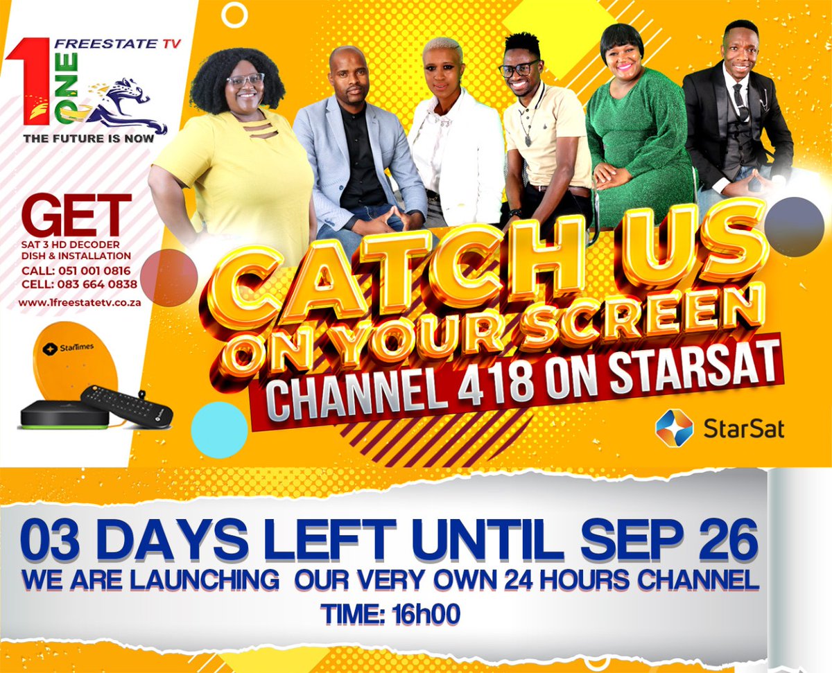 1Fstv's tweet photo. Africa, One Free State TV, is celebrating their new adventure to 24 hours host and production. Make sure you don't miss out for we bring you a lot of great and awesome programs. 

#1fstv 
#Channel418 
#starsat https://t.co/2kBv2I11S5