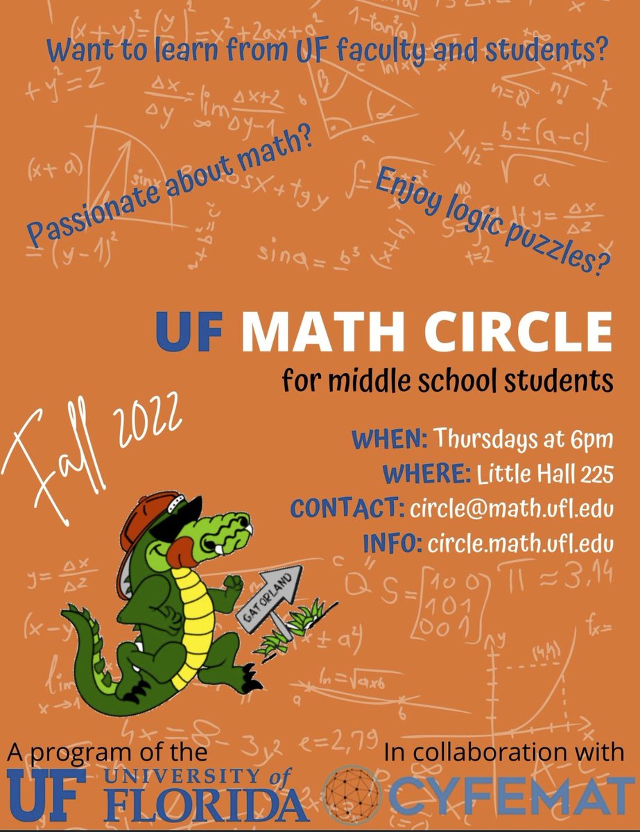 Are you in the UF area? 
There's a UF Math Circle for the Fall! 
How tremendously fabulous!!
circle.math.ufl.edu
<a href="/cyfemat/">CYFEMAT</a> <a href="/orlandomathcir/">Orlando Math Circle</a> <a href="/AIMathCommunity/">AIM_MathCommunities</a>
