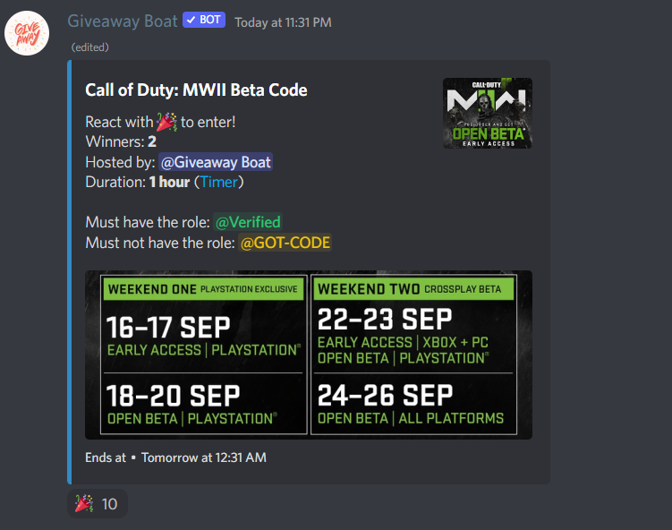 FreeMW2Beta's tweet photo. Giveaway started on the discord!

https://t.co/POi2mpnBHw

Still need a MW2 Beta Code?

Like + RT + Join Discord!
#MWII #MW2 #ModernWarfareII #ModernWarfare2 https://t.co/brrox8sz44