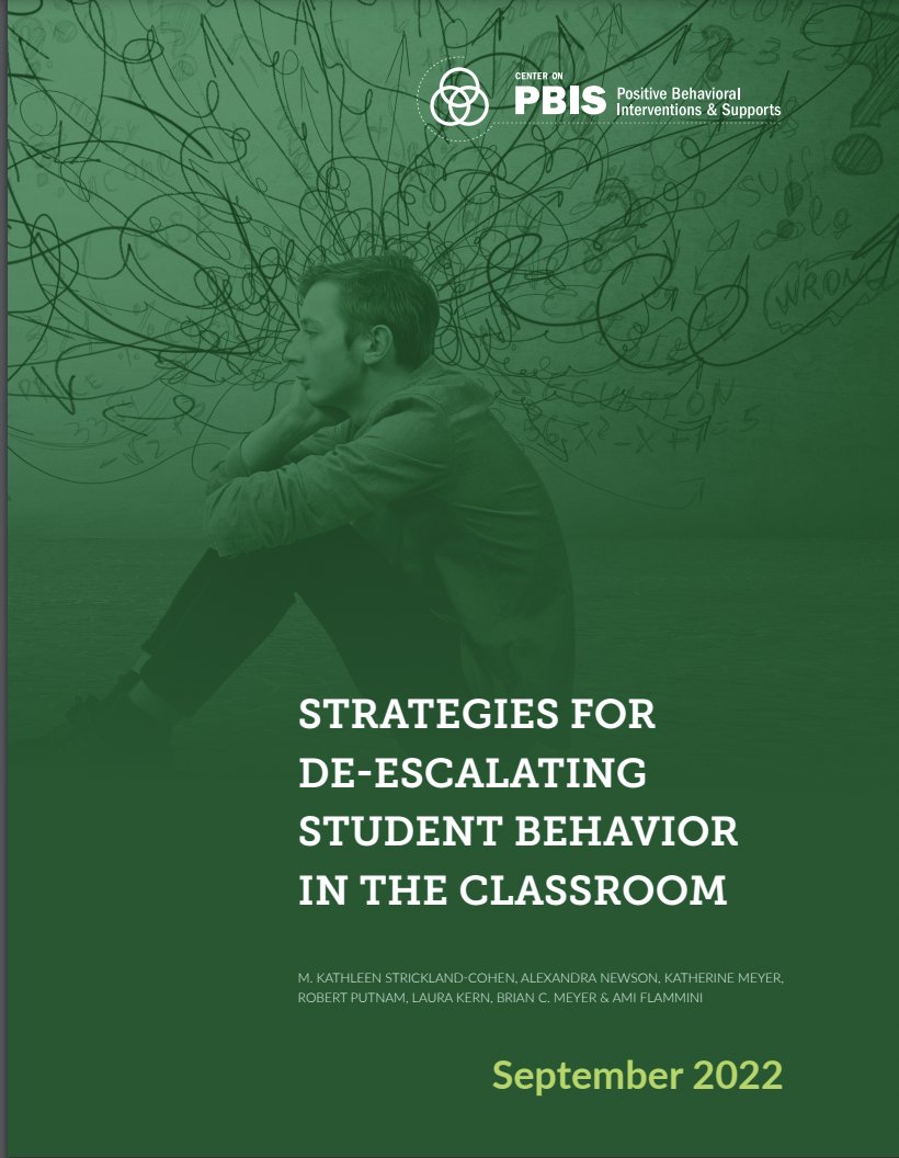 Great new <a href="/CenterOnPBIS/">Center on PBIS</a> brief w/empirically supported approaches on de-escalating classroom behaviors of concern while reinforcing your commitment to "support students’ return to self-regulation in safe &amp; compassionate ways". Check out the resource below
bit.ly/3QW1R6B