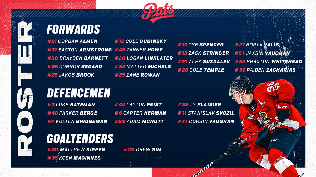 WHLPats's tweet photo. 📰: The Pats are pleased to announce their 2022-23 opening night roster! 

DETAILS➡️ https://t.co/xL5tbBpGCH https://t.co/jYB1y5ayT0
