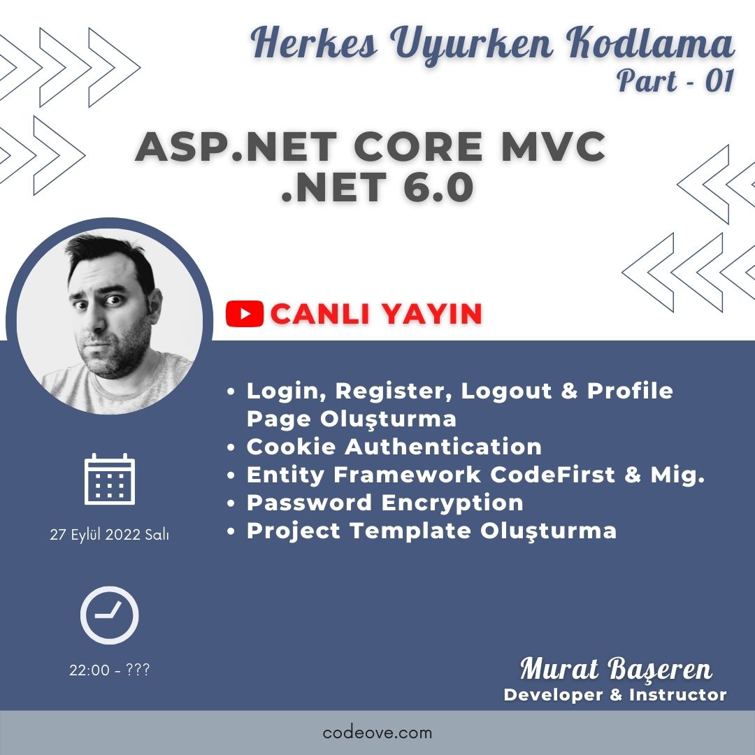 muratbaseren's tweet photo. Canlı yayın duyurusu !!! Canı sıkılan gelsin 😉
.NET 6.0 ile #aspnet Core #mvc Çalışması
📆 27.09.2022 (Salı)
⏰ 22:00
Canlı yayın için bildirim ayarı yapmak ve #youtube kanalım için aşağıdaki link i kullanabilirsiniz.
https://t.co/fe90DHe9yt
#dotnet6 #aspnetmvc #cookieauth https://t.co/RCTIAKMjzT