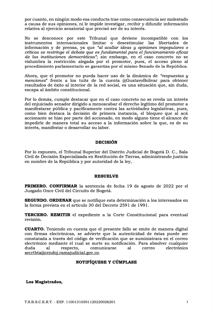 GustavoBolivar's tweet photo. NOTICIA
Tribunal Superior de Btá niega tutela en 2a Instancia en mi contra.
El Sr. @Ghitis me entuteló por bloquearlo en esta red, alegando su derecho al control social y a la libre expresión.
Si bien son derechos prevalentes, tienen límites: No puede insultarme calumniosamente. https://t.co/kBTgZW084c