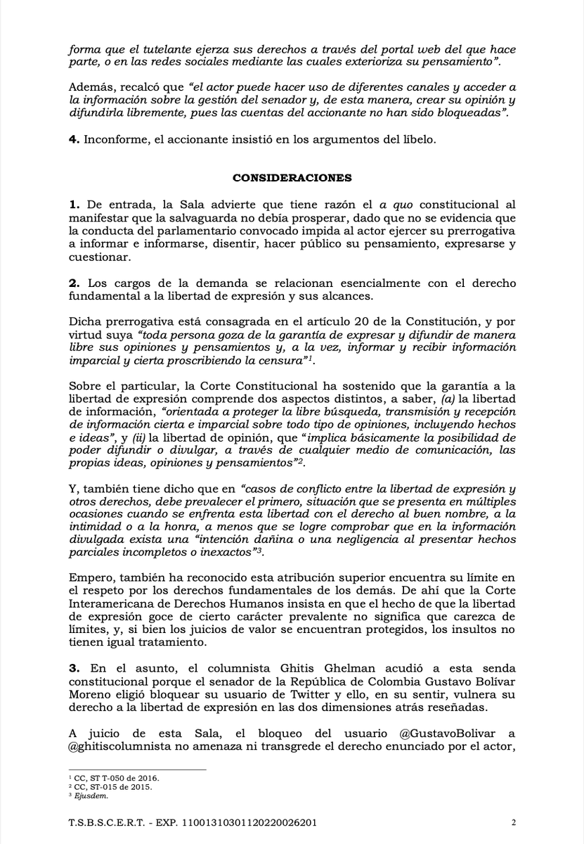 GustavoBolivar's tweet photo. NOTICIA
Tribunal Superior de Btá niega tutela en 2a Instancia en mi contra.
El Sr. @Ghitis me entuteló por bloquearlo en esta red, alegando su derecho al control social y a la libre expresión.
Si bien son derechos prevalentes, tienen límites: No puede insultarme calumniosamente. https://t.co/kBTgZW084c