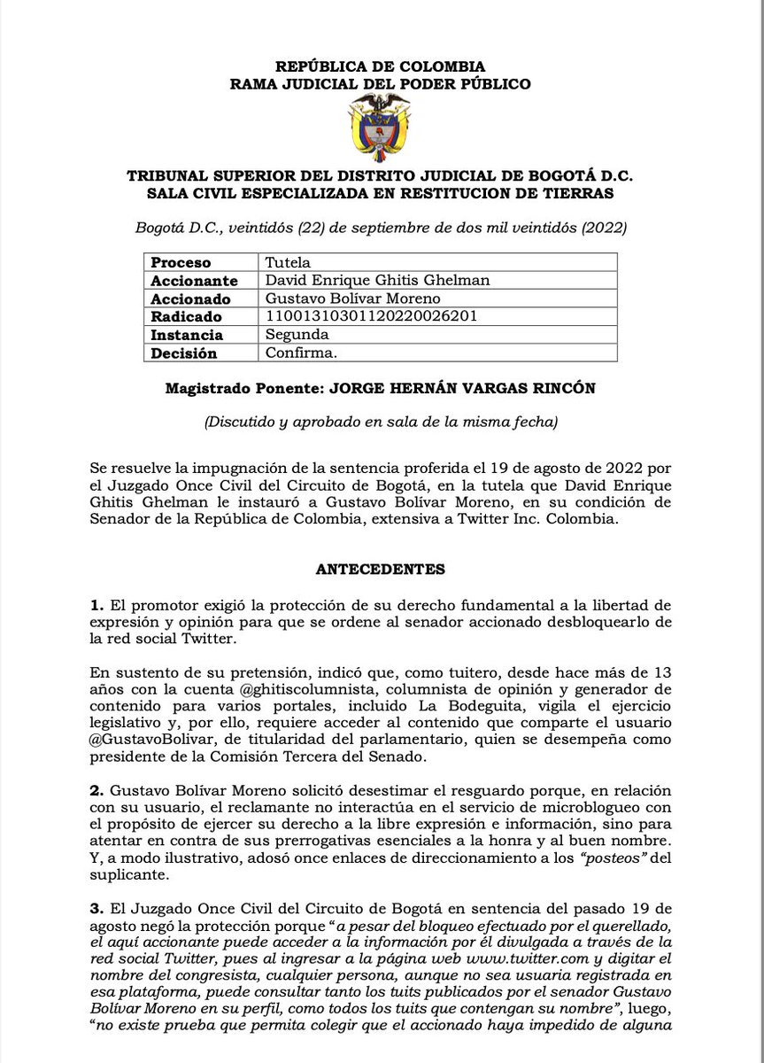 GustavoBolivar's tweet photo. NOTICIA
Tribunal Superior de Btá niega tutela en 2a Instancia en mi contra.
El Sr. @Ghitis me entuteló por bloquearlo en esta red, alegando su derecho al control social y a la libre expresión.
Si bien son derechos prevalentes, tienen límites: No puede insultarme calumniosamente. https://t.co/kBTgZW084c