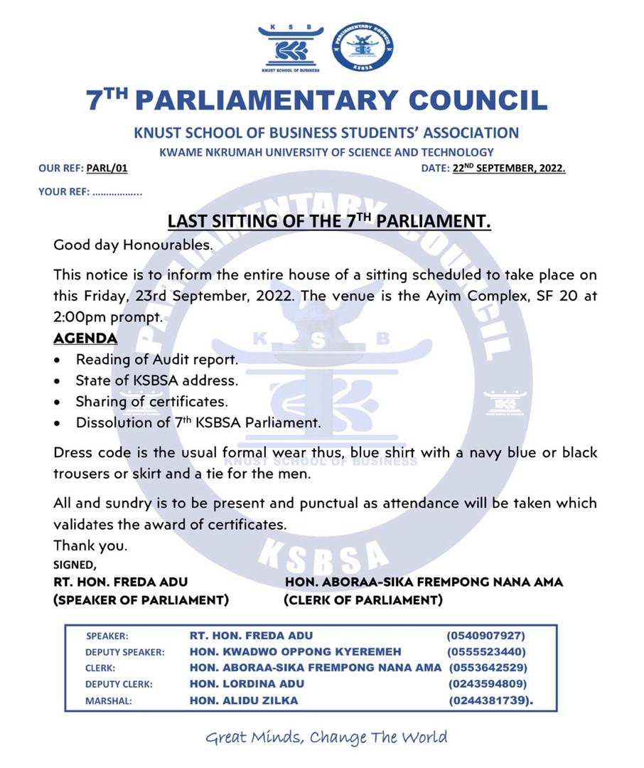 GreatKsbsa's tweet photo. Kindly take notice; 📌

The leadership of the 7th Parliamentary Council informs all members of the House, incumbent Executives and elected Executives. 

#ThisFarByGrace 
#TheLastSitting https://t.co/suFcYL2cLO