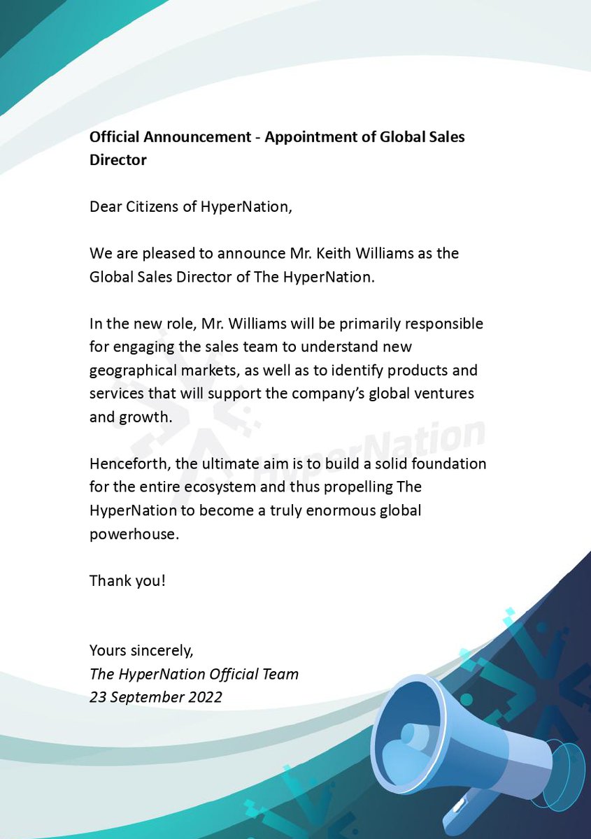 🚨ANNOUNCEMENT🚨

Dear Citizens of HyperNation,
We are pleased to announce Mr. Keith Williams as the Global Sales Director of The HyperNation.

📢Follow us <a href="/HyperNation8/">HyperNation</a> for more future updates
#hypernation #defi #dao #blockchain #defiproject #daoverse #blockchain #crypto #btc