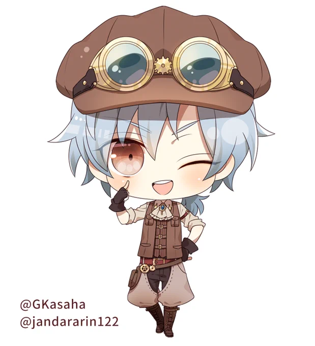 歌い手 kasa様()のちびキャライラスト、キャラクターデザインを担当させていただきました!スチームパンクモチーフということで、ジャボやら謎レイヤードパンツなど趣味を詰め込みましたよろしくお願いいたします! 