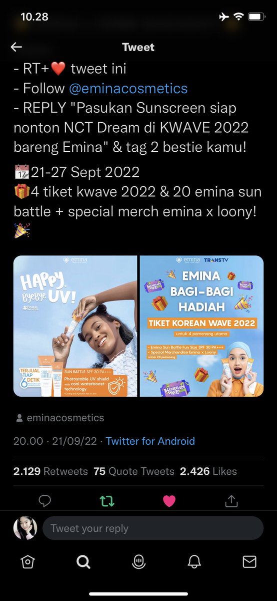 nanapluff's tweet photo. @ohmybeautybank @eminacosmetics Pasukan Sunscreen siap nonton NCT Dream di KWAVE 2022 bareng Emina 

kuy @shincteen @jeonbinnie https://t.co/yoYNLyDuyc