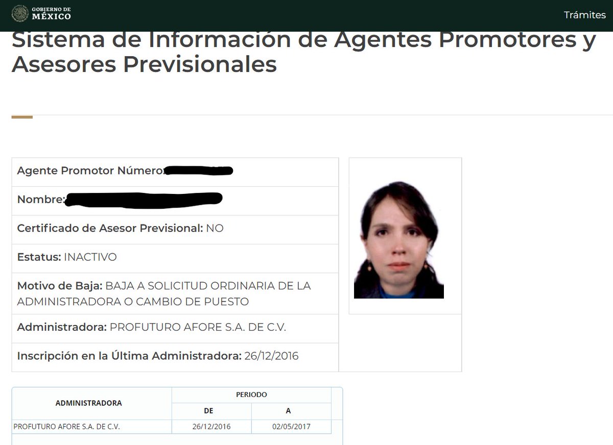 Ficha de Asesor del Sistema de Información de Agentes Promotores y Asesores Provisionales
Incluye número de agente promotor, nombre completo, periodo de alta, afore a la que representa, periodo de servicio y fotografía.