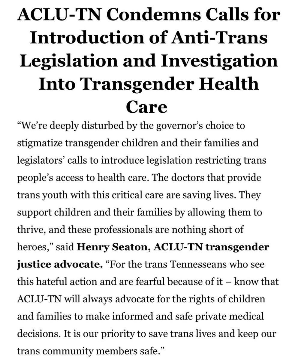 TheTNHoller's tweet image. STATEMENT by @aclutn: “We’re deeply disturbed by @GovBillLee’s choice to stigmatize trans kids &amp;amp; their families—docs that provide trans youth with this critical care are saving lives.” 

Republicans have targeted Vandy, 
plan yet another health care ban. 
aclu-tn.org/aclu-tn-condem…