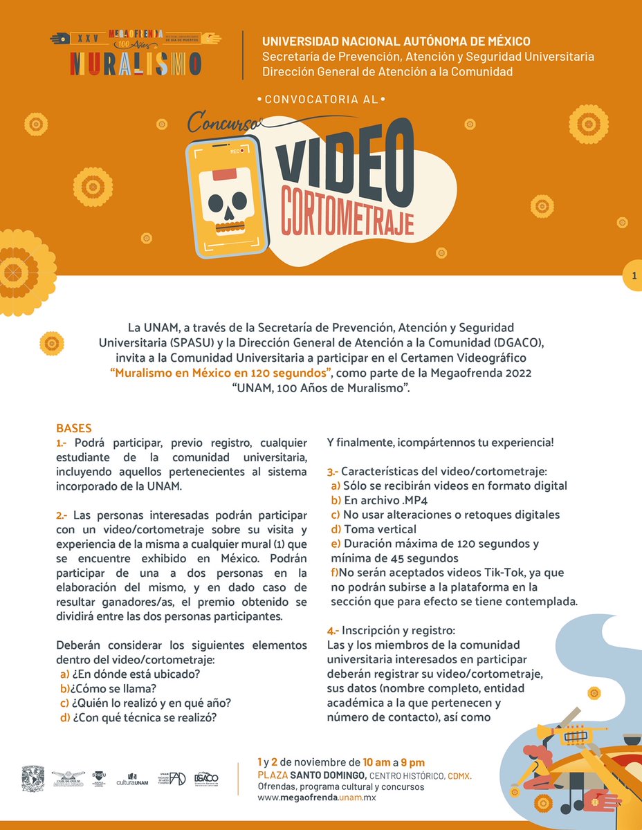 Comunidad_UNAM's tweet photo. 💀"Megaofrenda 2022", 100 Años de Muralismo💀
¡Participa en el concurso: “Muralismo en México en 120 segundos!
🌸En breve se publicará el sitio de registro. Permanezcan atentos🌸
#megaofrendaunam2022 #MegaofrendaUNAM #FestivalDeDíaMuertos #ConcursoDeVideo  #UNAM100AñosDeMuralismo https://t.co/nFeuXxwhsZ