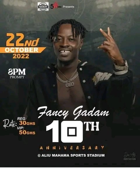 AlHussainRex's tweet photo. @FancyGadam Is here again to celebrate his 10yrs anniversary at Aliu Mahama sports stadium, on 22nd of October, 2022. 30gh/50gh for tickets

We are supporting this all togetherAhmed Mujahid Bellolo  Is for the north. 💪 👑 https://t.co/EJMpdbuN1N