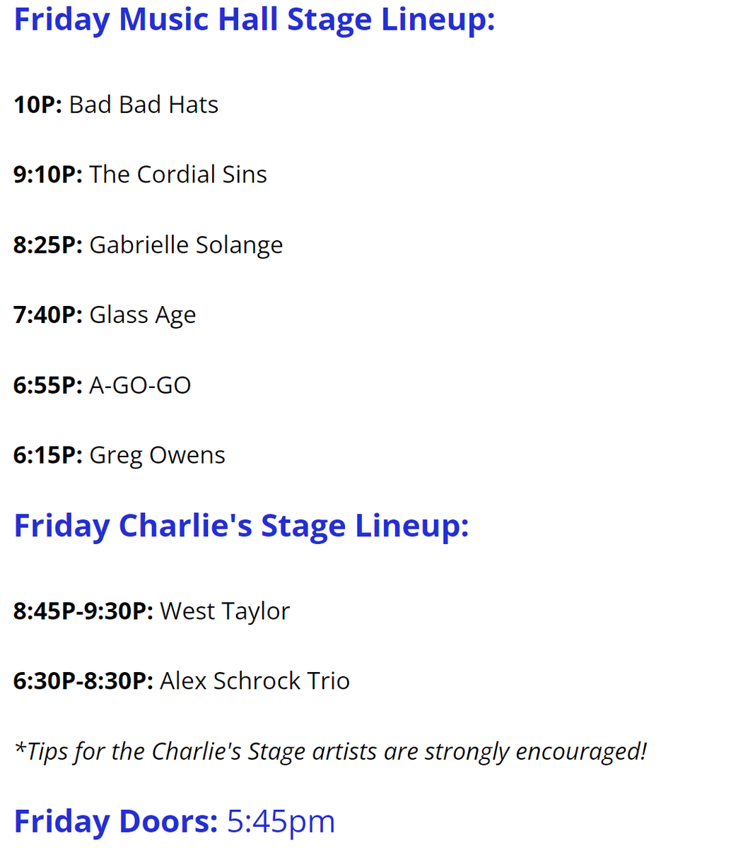 Who's excited for this Friday lineup!? 
<a href="/BadBadHats/">Bad Bad Hats</a> <a href="/TheCordialSins/">The Cordial Sins</a> <a href="/GregOwens614/">Greg 'G.O.' Owens</a> <a href="/GlassAgeband/">Glass Age</a>, A-Go-Go and Gabrielle Solange. Set times and ticket link below: showclix.com/event/steadfas…