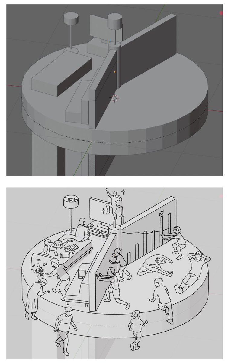 ラフの作成にはblenderを使うこともある。イメージが固まっていて、パースを合わせたりする手描きの試行錯誤がただのタイムロスになる(試行錯誤してもしなくても、正確性がある程度必要で結果があまり変わらない)ような場合に限っては、かなりの時短になる。意図的な歪みや味が必要場合は使わない。 