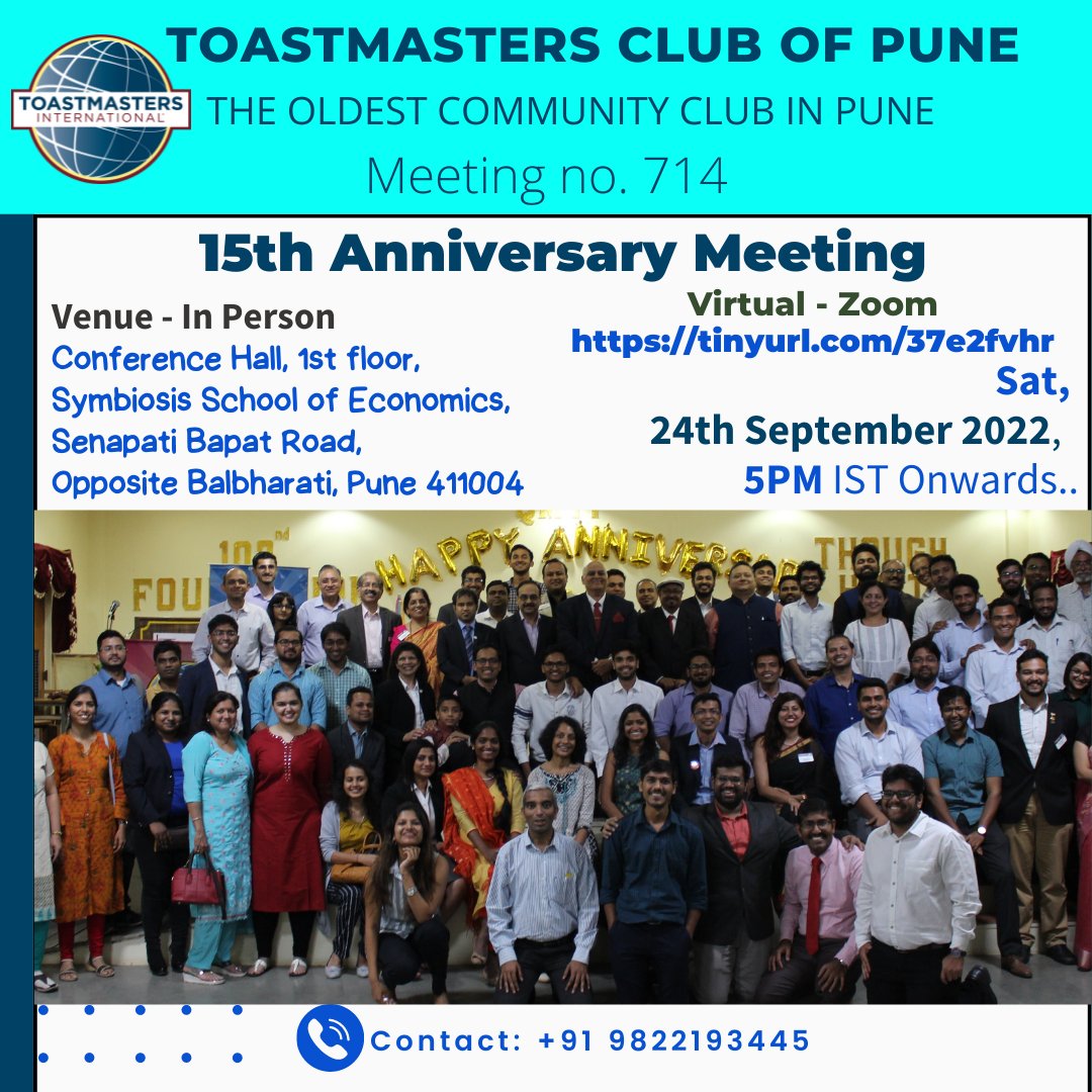 Come Join us for the 714th Chapter Meeting of TMCP. It will be an HYBRID meeting
 📍 Venue Location: bit.ly/3JdiwjI
🌐 Zoom Registration Link:tinyurl.com/37e2fvhr
👔 Dress code: Formal 
#TMCP #toastmastersindia #toastmasters #toastmastersinternational #LeadershipNewc