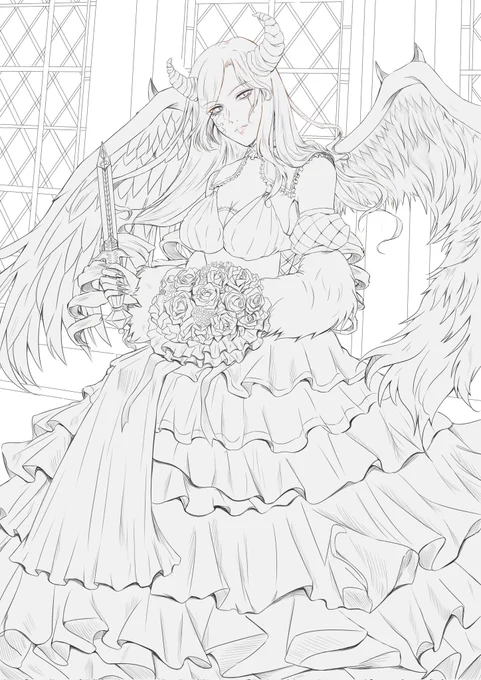 #ゴシック  #絵描きさんと繋がたい 
#カード
作業工程です。
学校のカードイラスト課題で描いたもの🌹線画を細かく描き、陰影をつけることによって色を塗る時めちゃ楽なのでいつもこの手法を取り入れてます 