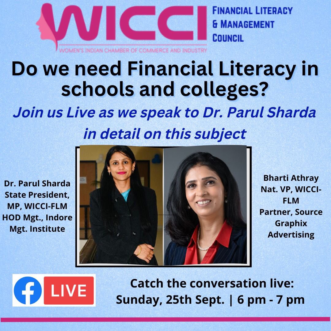 finlitwicci's tweet photo. Why should financial literacy be considered a life skill? What role can educational institutions and families play in making children financially smart? 
Catch @2307_parul, State Head, with @BhartiAthray National Vice President, WICCI FLM. @GauriDas2020 @Nita_Menezes @mugdhakalra https://t.co/DR8TqUhjzP