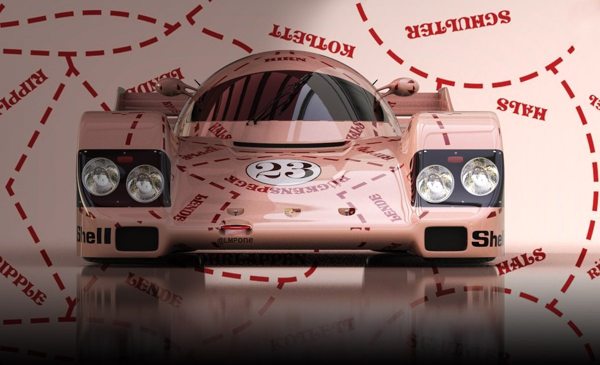 LMPone's tweet image. There is something so menacing in a front view of a #Porsche 962, here in impossible #PinkPig... From the series: "This time the pig will eat you!" 😵