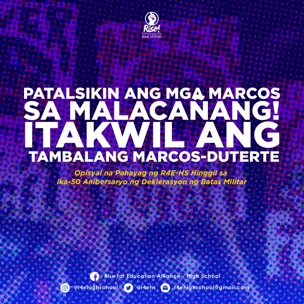 r4ehs's tweet photo. PATALSIKIN ANG MGA MARCOS SA MALACAÑANG! ITAKWIL ANG TAMBALANG MARCOS-DUTERTE

Opisyal na Pahayag ng R4E-HS Hinggil sa Ika-50 Anibersaryo ng Deklerasyon ng Batas Militar https://t.co/gp3iQZ8jcr