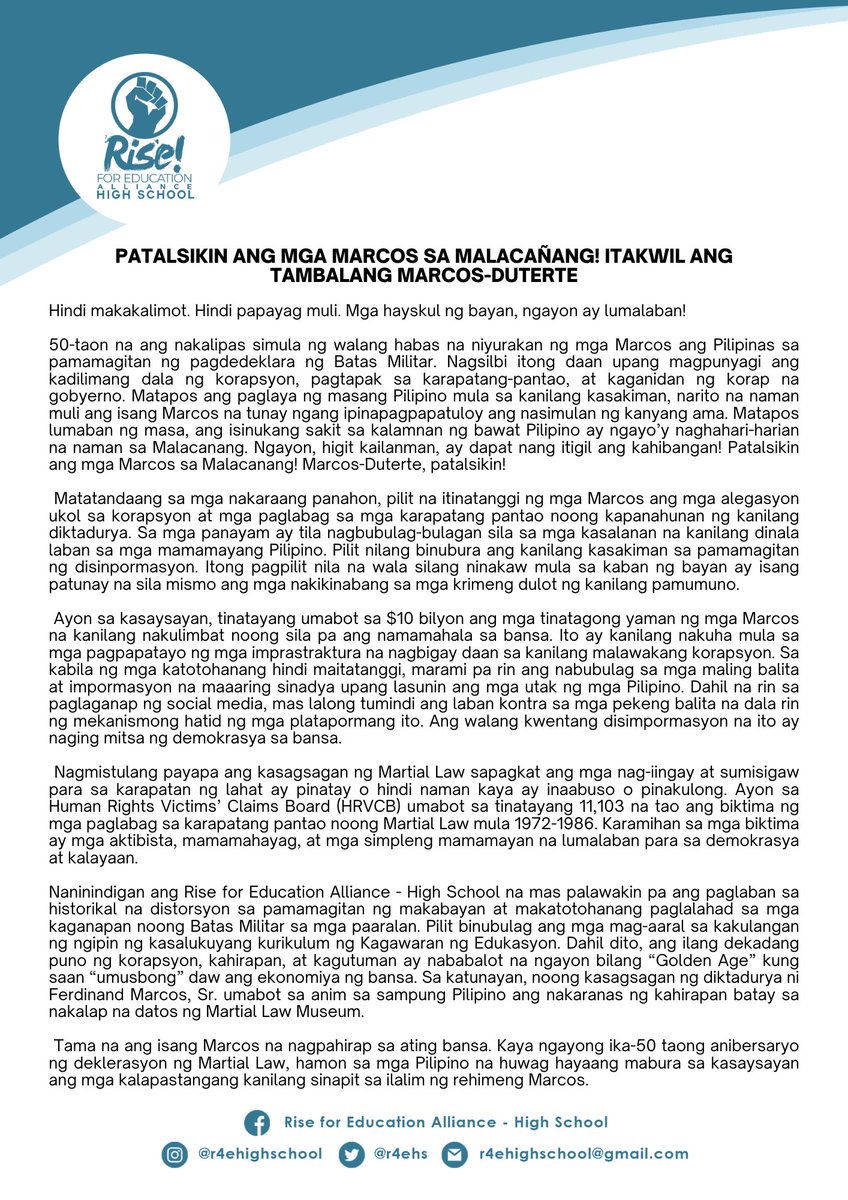 r4ehs's tweet photo. Kaya ngayong ika-50 taong anibersaryo ng deklerasyon ng Martial Law, hamon sa mga Pilipino na huwag hayaang mabura sa kasaysayan ang mga kalapastangang kanilang sinapit sa ilalim ng rehimeng Marcos.

BASAHIN ANG BUONG PAHAYAG https://t.co/8NWieyA00g