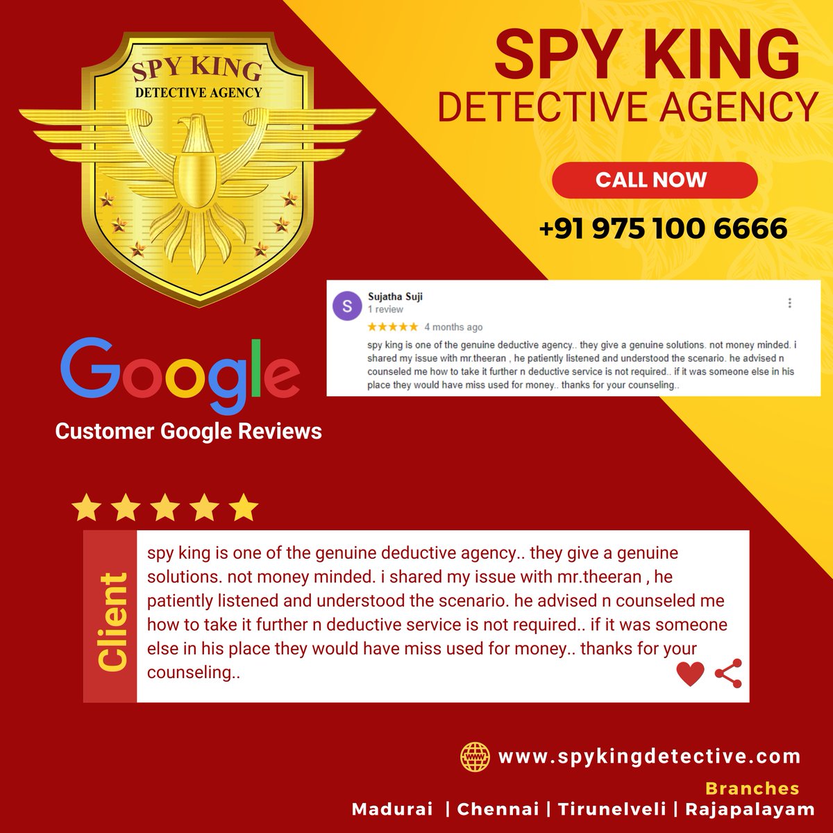 SpyKingIndia's tweet photo. Tamilnadu No.1 Detective Agency
Spy King Detective Agency - Pre &amp; Post Matrimonial Investigation.
Google Client Review. Thank you so much for your review
Further Enquiries : +91 975 100 6666
#Detective #SpyKingIndia #Matrimonialinvestigation #GoogleReview #Tamilnadu https://t.co/daStemDg9j