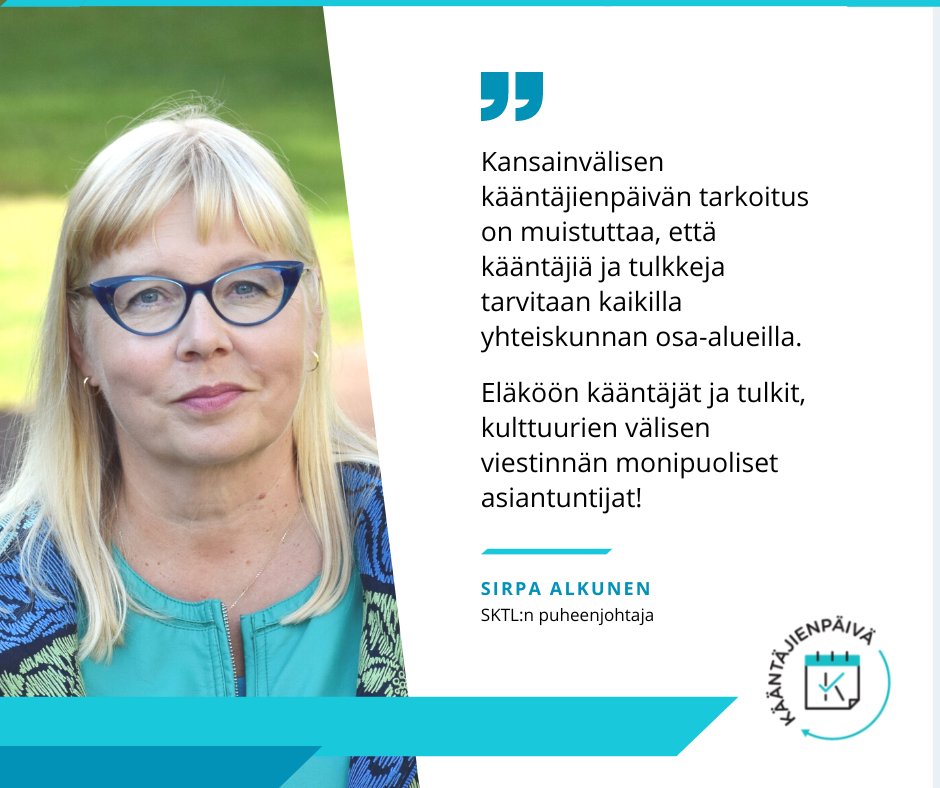 SKTLtwiittaa's tweet photo. 30.9. on YK:n kansainvälinen #kääntäjienpäivä. Suomessa juhlintaan otetaan tänään varaslähtö #KäPä2022-seminaarilla. Päivän kunniaksi me alan järjestöt julkaisimme kannanoton mm. kieliammattilaisten tärkeästä roolista rauhan ja demokratian edistämisessä: https://t.co/FAlYs8KM6O https://t.co/uDujpbFSZA