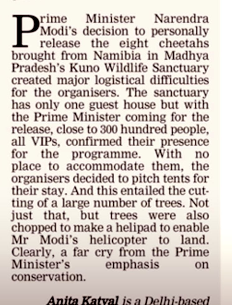 pbhushan1's tweet image. A large number of trees were chopped in Kuno wildlife sanctuary, in MP to accommodate Modi&apos;s helipad for his helicopter landing &amp;amp; to accommodate 300 VIP&apos;s who were brought to witness him releasing 8 cheetahs there!
So much for Modi&apos;s love for conservation!