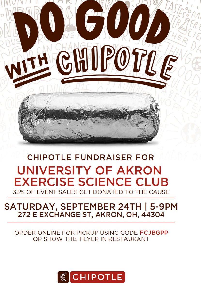 uakron_sens's tweet photo. Dinner this Saturday @UA_ExSci_Club @uakronCHHS #dogoodwithchipotle https://t.co/zRMK93iLGG