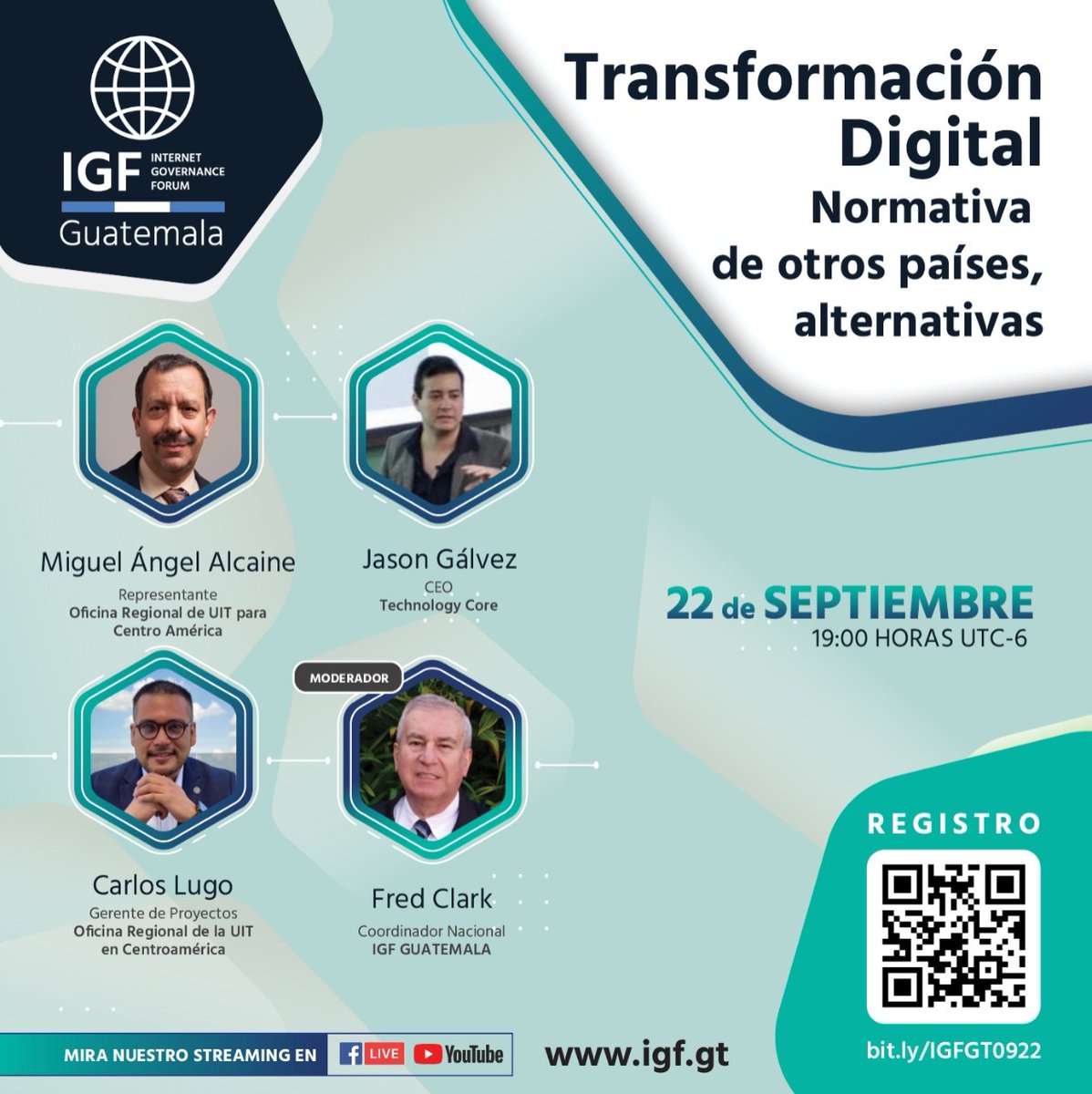 IGFGuate's tweet photo. Falta poco para el webinar "Transformación Digital: Normativa de otros países, alternativas".

🗓 Jueves 22 de septiembre
⏰ 19:00 horas (UTC-6)
🌐 Regístrate aquí: https://t.co/eTzneMWjha
📃Incluye diploma de participación.

Sigue la transmisión en vivo en nuestras plataformas. https://t.co/P6QQe7u63c
