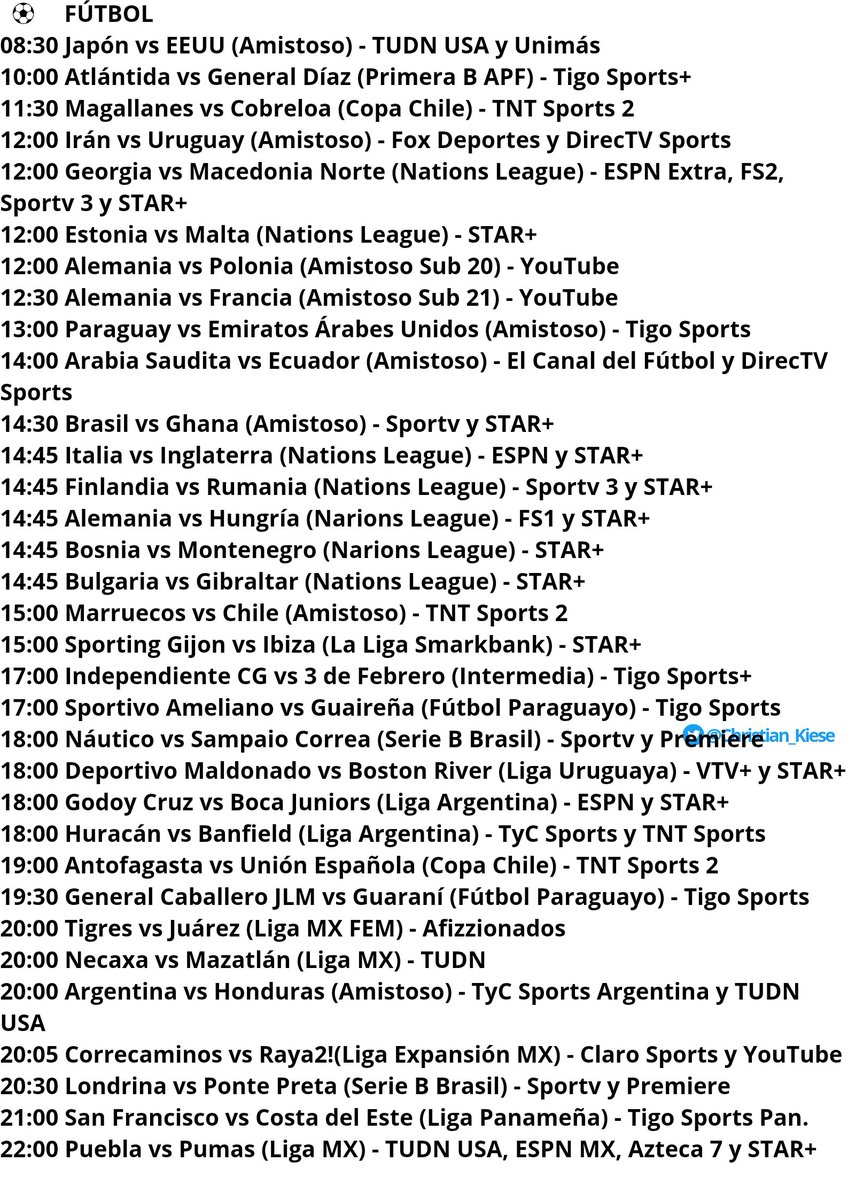 Christian_Kiese's tweet photo. Grilla Deportiva - Viernes 23/09

🎾 #WTATokyo #WTASeoul #ATPMetz #LaverCup #ATPSanDiego
🏀 #FIBAWWC 
⚽ 33 partidos #NationsLeague #CopaChileEasy #IntermediaAPF #PrimeraBAPF #CopaDePrimera #TorneoBinance #LigaMX #LigaExpansionMX https://t.co/EWPOADzERk