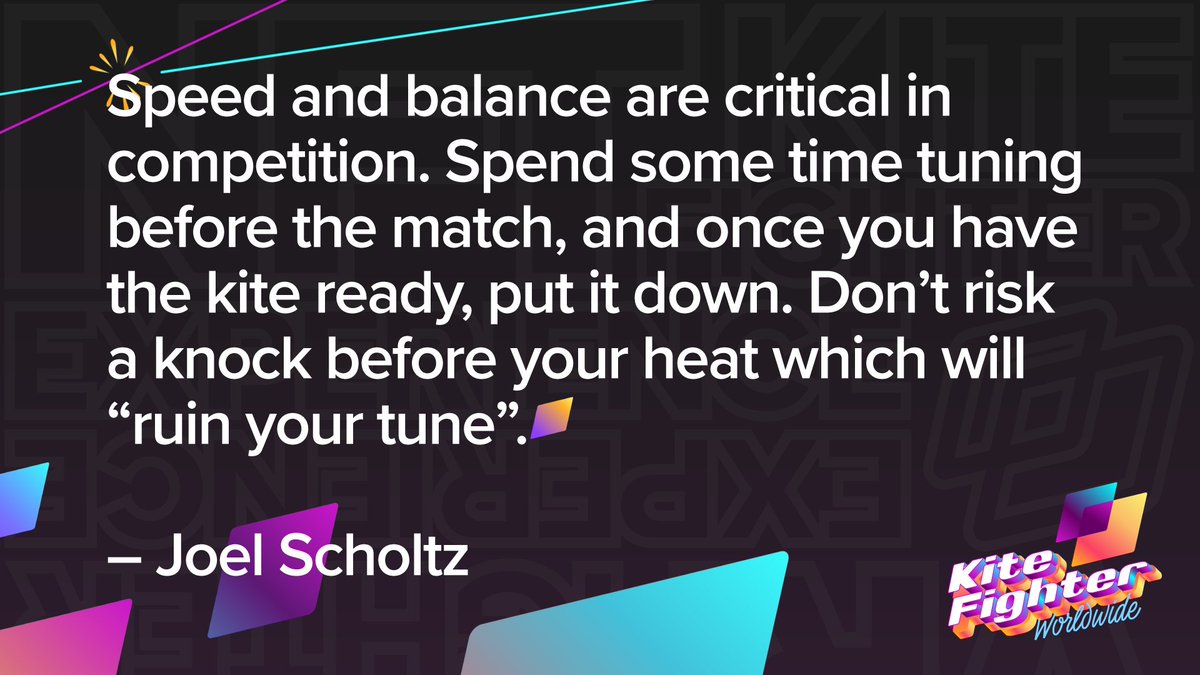 KiteFightergg's tweet image. Speed and balance are critical in competition. Spend some time tuning before the match, and once you have the kite ready, put it down. Don’t risk a knock before your heat, which will “ruin your tune”.

-Joel Scholtz

#Kite #KiteFlying #KFWW