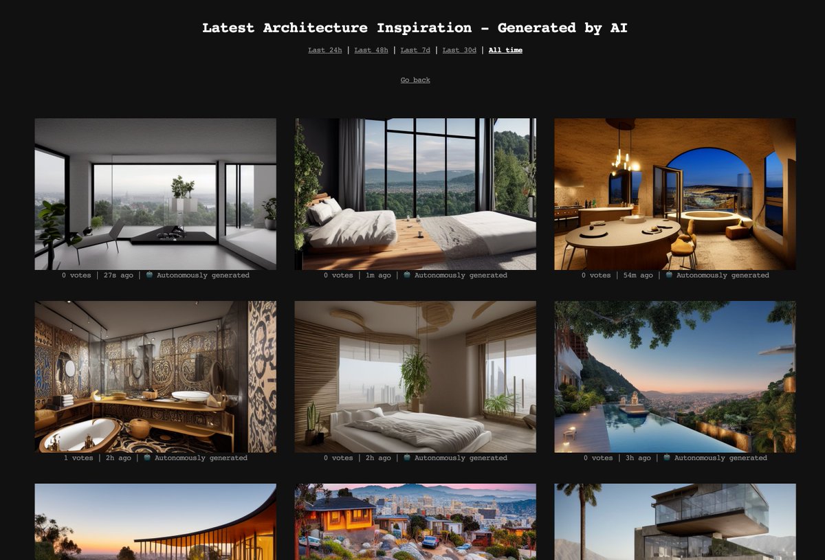 levelsio's tweet image. ✨🤖 Today I built my first auto AI imaging prompt writer

It's 500 lines of code of IFs() and array_rands()

(before I wrote my own prompts)

It now runs 100% autonomously every minute (as a cron) and gens architecture and interior design, see live here: thishousedoesnotexist.org/t/new