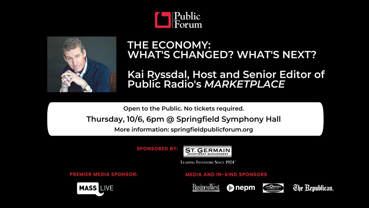 Fans of <a href="/kairyssdal/">Kai Ryssdal</a> and <a href="/Marketplace/">Marketplace</a>, join us for a free talk at Symphony Hall in Springfield, MA on 10/6 at 6pm. Free to the public and no tickets required! #springfieldma
