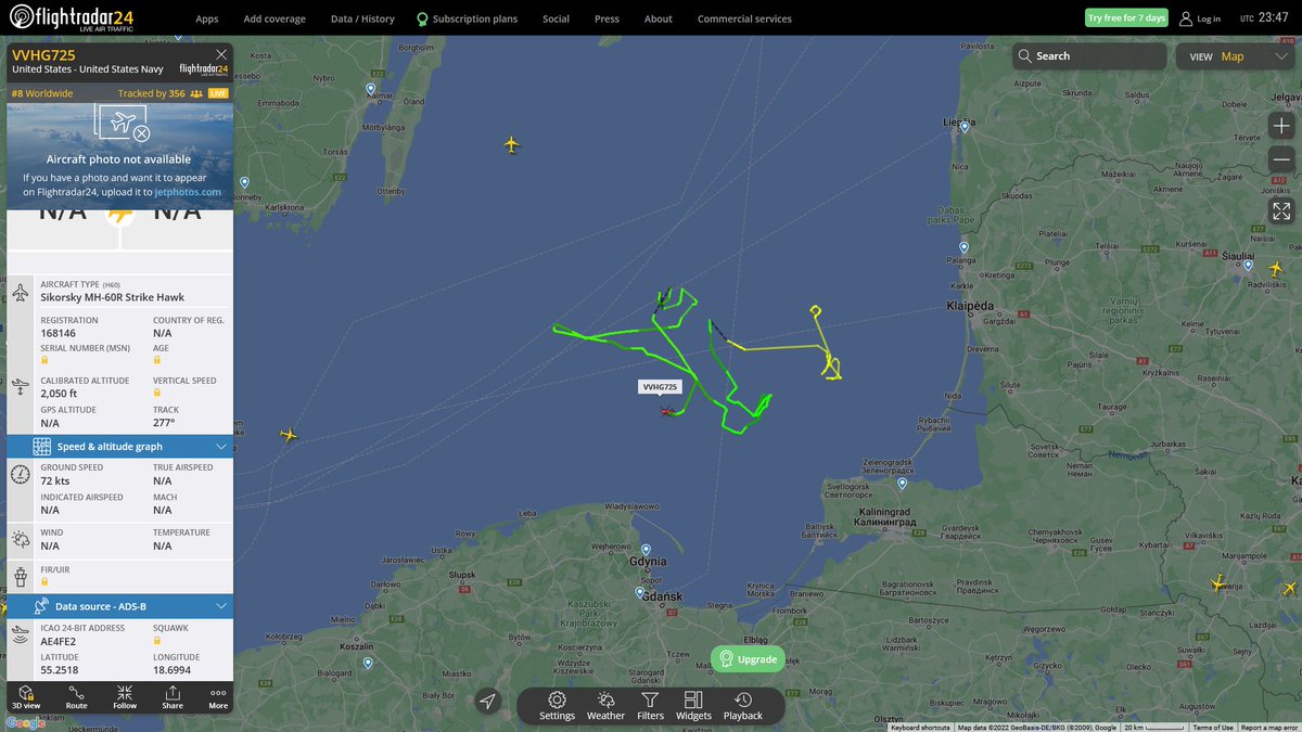 AIYeyENGDdJkjTr's tweet photo. Sept. 23, 2022
#Baltic Sea #Kaliningrad
#VVHG725 #AE4FE2 USN MH-60R Strike Hawk https://t.co/oEZ1EuF8xd
