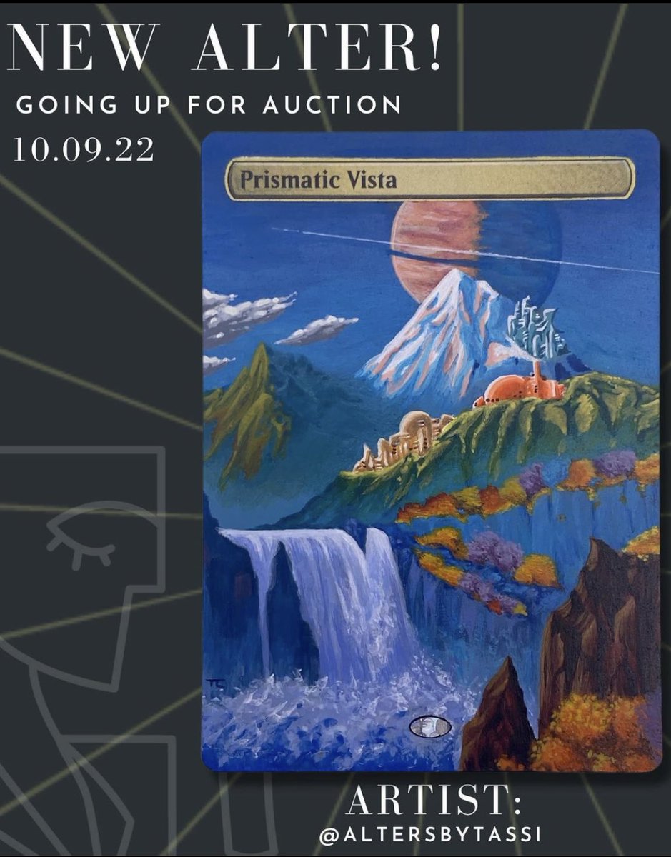 itsliltassi's tweet photo. Auction info! This Prismatic Vista and the retro sci fi Command Tower will be at auction on October 9th hosted by the lovely @mtg_auctions #MTG #mtgauctions #mtgalters #MagicTheGathering https://t.co/i6WBL0pXXs
