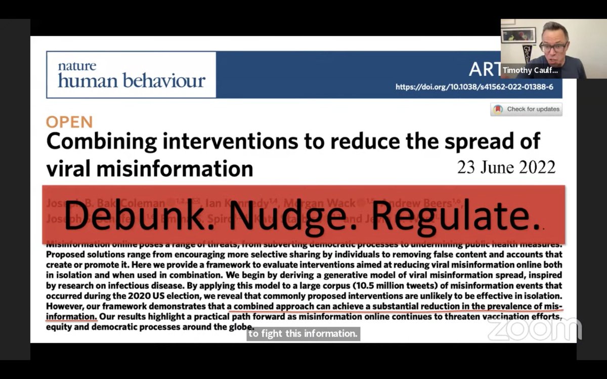 DeansOffice_UTM's tweet photo. How we can respond to pervasive misinformation?
@CaulfieldTim talks about the importance of thinking critically and to "Debunk. Nudge. Regulate."
#SniderLecture @UTM https://t.co/tSgfUe9Kqf