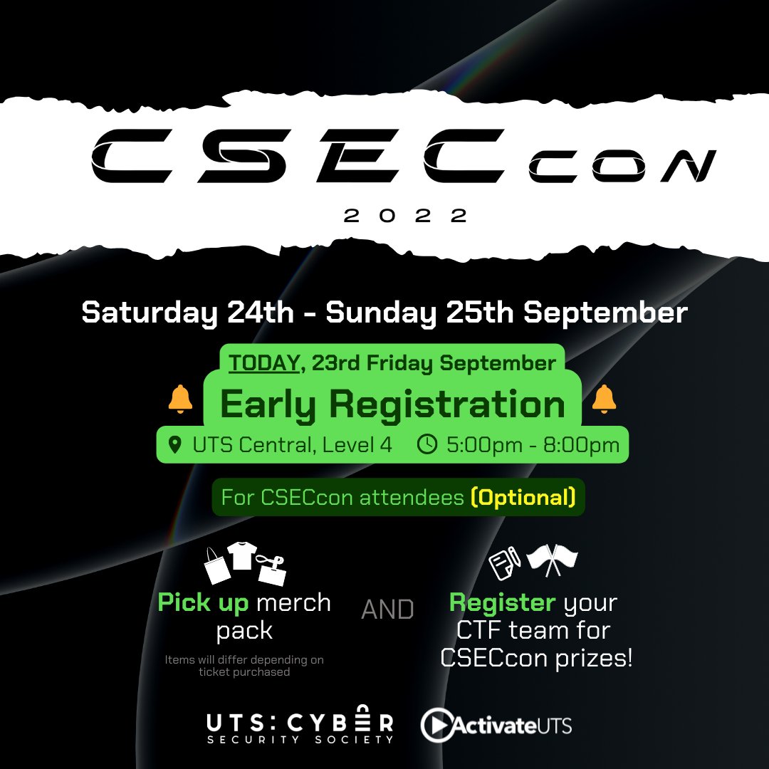 To CSECcon attendees,
A friendly reminder 🔔 that Optional Early Registration is happening today from 5:00pm-8:00pm in UTS Central (Building 2), Level 4 near the Student Learning Hub! Make your way to Level 4 and find the UTS:CSEC banner! 👋