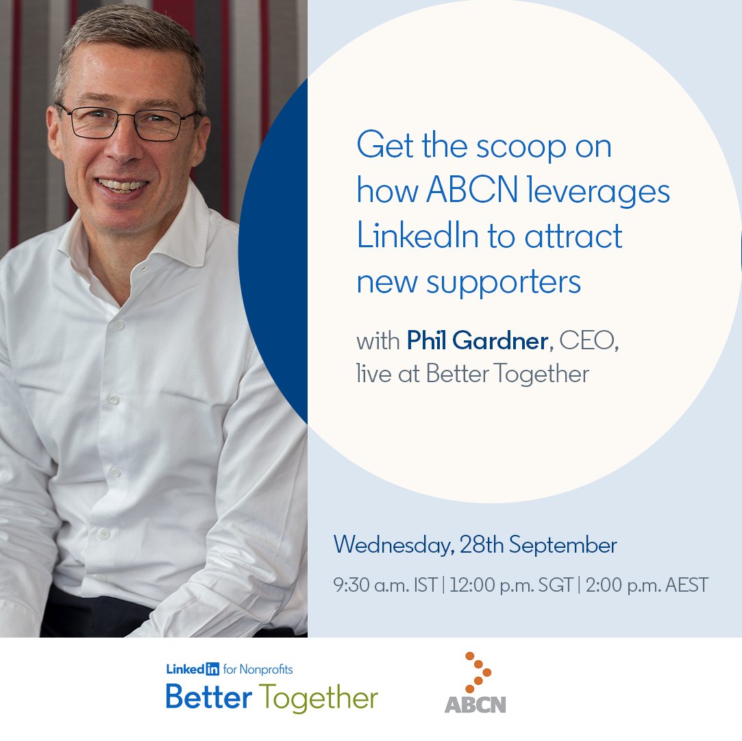 ABCN (@abcnoz) on Twitter photo Next week join our CEO Phil Gardner, along with Mentor Together's Arundhuti Gupta and the Halogen Foundation's Ivy Tse, for an exciting fireside chat around hosted by <a href="/LinkedIn/">LinkedIn</a> for Nonprofits.
Learn more here: nonprofit.linkedin.com/bettertogether…
#ABCN #LinkedInforNonprofits #BetterTogether Next week join our CEO Phil Gardner, along with Mentor Together's Arundhuti Gupta and the Halogen Foundation's Ivy Tse, for an exciting fireside chat around hosted by <a href="/LinkedIn/">LinkedIn</a> for Nonprofits.
Learn more here: nonprofit.linkedin.com/bettertogether…
#ABCN #LinkedInforNonprofits #BetterTogether
