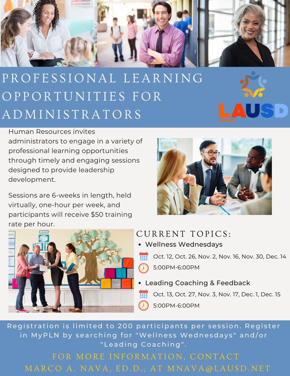 Awesome professional learning opportunity for our awesome administrators! Current topics include "Wellness Wednesdays" and "Leading Coaching &amp; Feedback"! Registration is limited to 200 participants, see flyer attached for more information about how to join. #ReadyForTheWorld 🌎