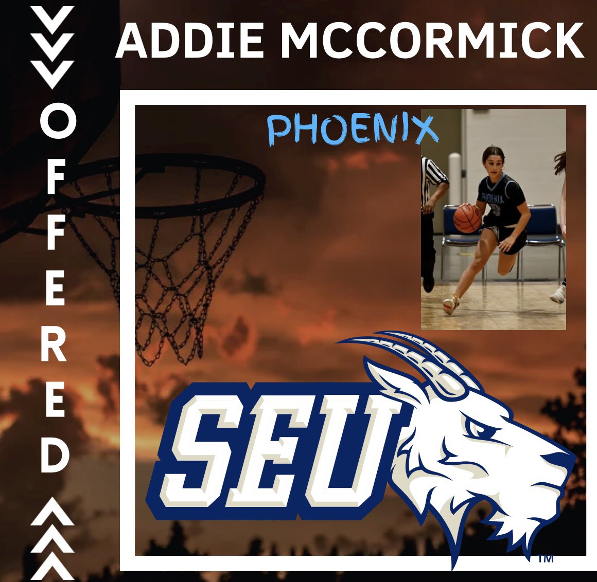 phoenixselect's tweet photo. Phoenix 2023 &amp; @EVGirlsBkb guard @aaddiemccormick gets an offer to @SEUWBasketball and has committed to them! Grateful to @CoachJJRiehlSEU This was Addie’s 3rd offer! Extremely proud of Addie! #phoenixProud @FlxAtx https://t.co/Ij7CdpYxzR