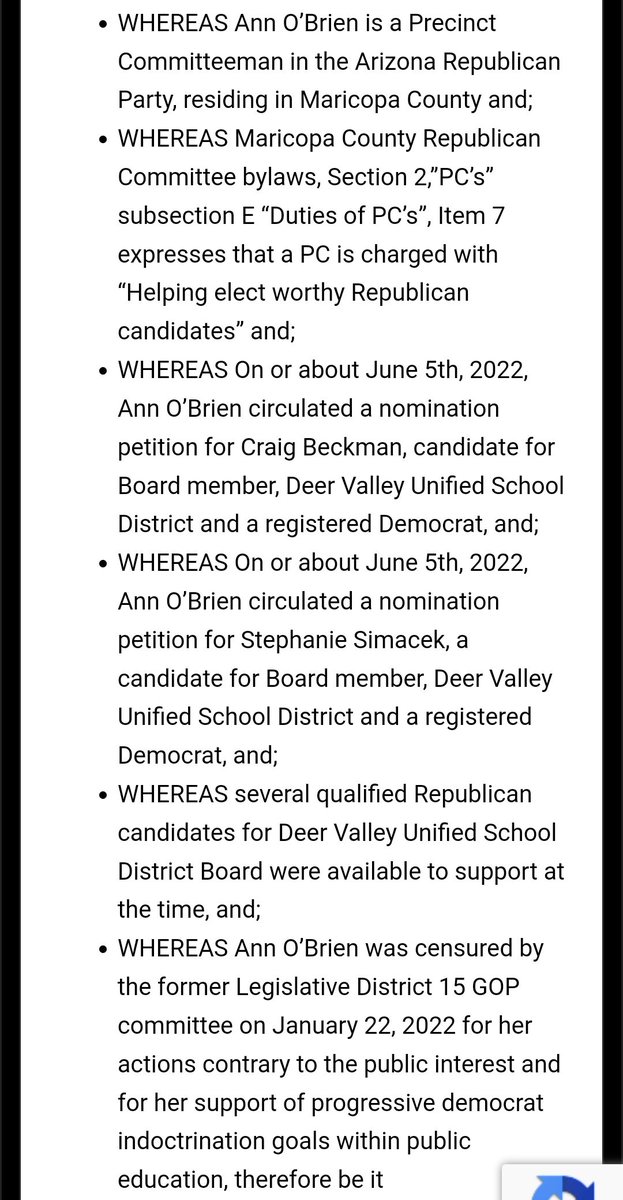 According to the GOP blog republicanbriefs, Phoenix City Councilwoman @AZAnnOBrien has been censured by her Legislative District for circulating petitions for two Deer Valley school district candidates that are registered as Democrats.