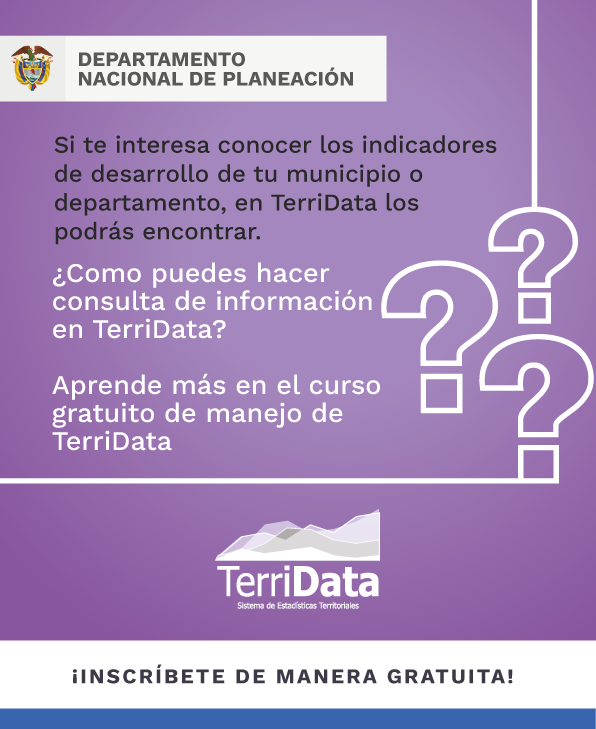 DNP_Colombia's tweet photo. ¿Quieres aprender a hacer consultas de información en #TerriData? Si es así, te invitamos a inscribirte en el curso gratuito sobre el manejo de esta herramienta.
Ingresa a >> https://t.co/bs6OJY0vTH https://t.co/s6cK9u4ESB