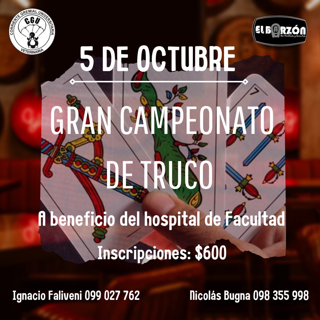 CGUveterinaria's tweet photo. Buenas buenas !! 
Vuelve el clásico, el gran campeonato de truco de CGU!!
 
En esta oportunidad nos motiva a realizarlo el aportar con las ganancias a nuestro querido hospital veterinario de la facultad!

Grandes premios y algunas sorpresitas más...🏆

Los esperamos a todos! 🐧💚 https://t.co/8mP9MaC2za