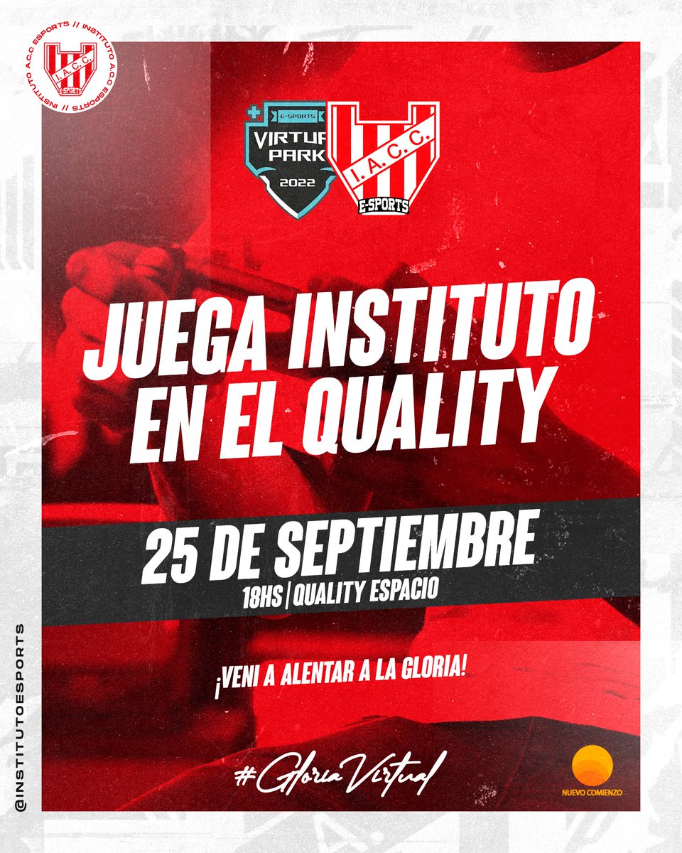 eInstitutoACC's tweet photo. ¡JUGAMOS EN EL QUALITY!🇦🇹
➡️Este domingo 25 a partir de las 18hs
Vení a alentar a #InstitutoEsports
📍En el #VirtualPark @qualityespacio
#GloriaVirtual 🔴⚪ https://t.co/PYxY8WigAS