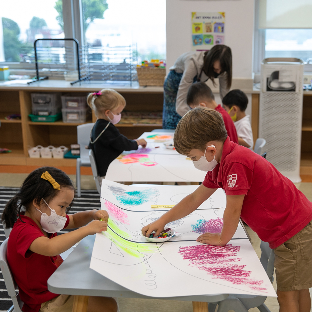 SFS1912's tweet photo. As part of inquiry unit, "Who We Are," the PK4 students learned about the broader community of SFS-how they can participate to transform a space by making a collaborative mural that is now up in the new COVID screening room. We hope that  students feel more at ease in this space. https://t.co/5HcEPnRmY1