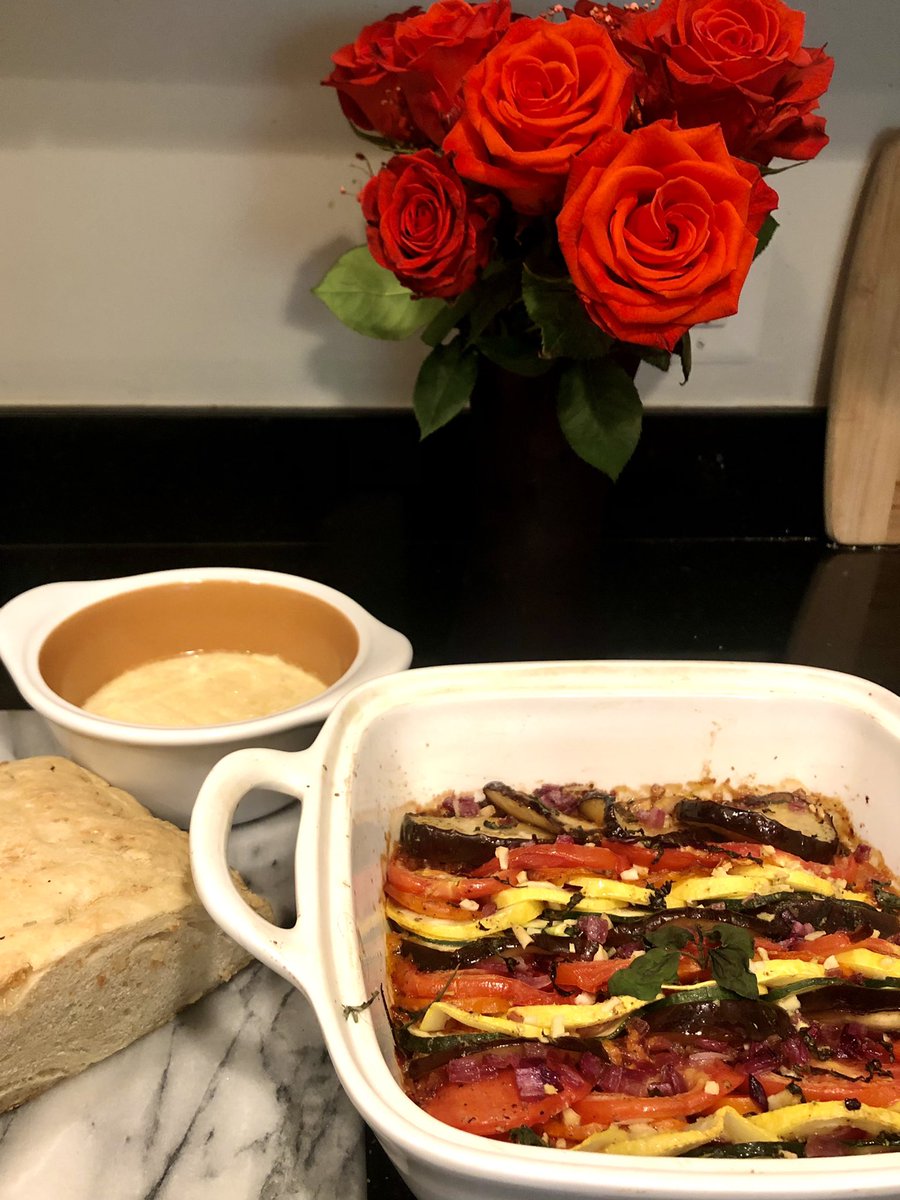 CaitlynPhD's tweet photo. When your #harvestbox comes with eggplant, tomatoes, and giant carrots: Ratatouille night! Grateful for leftover homemade focaccia #chemistswhocook https://t.co/BkAfyemIVF