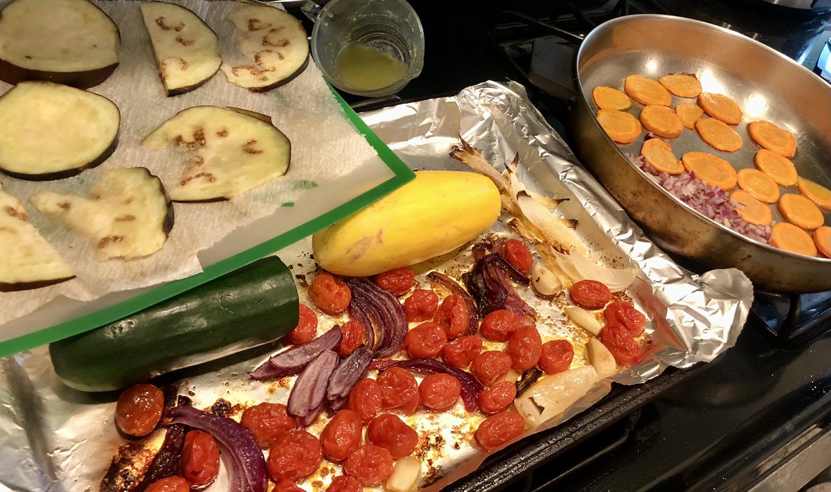 CaitlynPhD's tweet photo. When your #harvestbox comes with eggplant, tomatoes, and giant carrots: Ratatouille night! Grateful for leftover homemade focaccia #chemistswhocook https://t.co/BkAfyemIVF